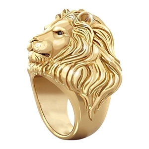 Men's 18k gold plated lion head ring with sparkling diamonds and black stone eyes