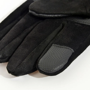 Close-up of black suede winter glove featuring textured touchscreen fingertip detail