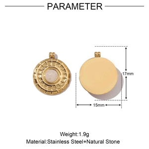 Polished gold stainless steel heart pendant with natural stone and dimension details