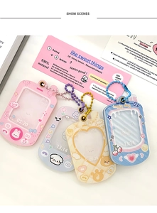 Close-up of four colorful cartoon acrylic photocard holders with beaded chains