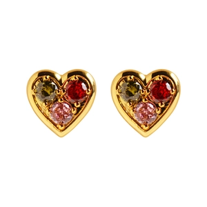 Chic heart-shaped gold studs featuring colorful cubic zirconia stones in pink and green