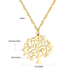 Detail of gold tree of life pendant with 45cm chain and technical dimensions
