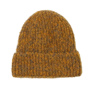 Winter chunky knit beanie hat in yellow and grey melange with fuzzy texture