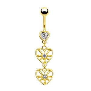 Gold heart navel ring with crystal wings and dangle pendants on white background