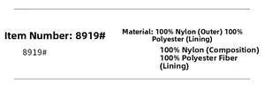Detail showing item No. 8919 fabric with 100% nylon body and 100% polyester lining labels