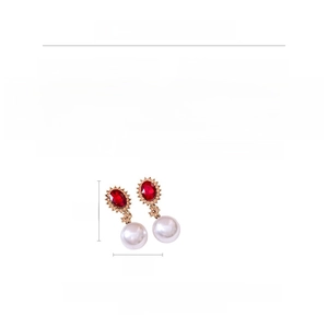 Detailed size chart for red crystal and pearl drop earrings showing 5cm height dimensions