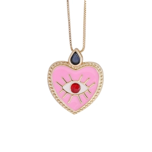 Pink heart enamel necklace with gold eye detail and gemstones on fine gold box chain
