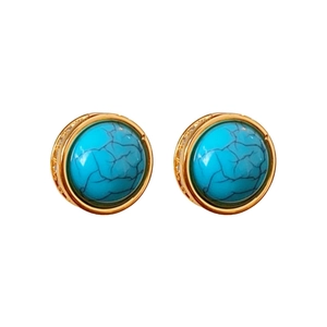 Retro round turquoise-style stud earrings with golden metal frames for women