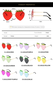 Detailed size chart and multi-color specifications for strawberry shaped rimless sunglasses