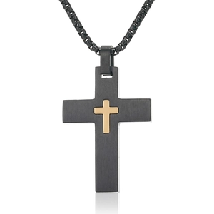 Stainless Steel Double Cross Pendant Necklace Men Black Gold Blue Religious Fashion Jewelry