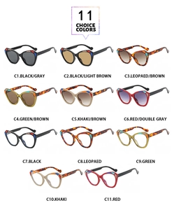 Detailed grid showing eleven color variants of large cat-eye fashion sunglasses