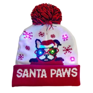 Bonnet de Noël en tricot LED avec motif chien Santa Paws et lumières colorées