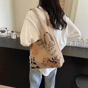 Artistic zoo illustration beige canvas tote bag for women featuring cute animal patterns