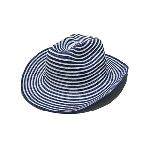 Close-up of a wide-brim straw sun hat with navy blue and white horizontal stripes