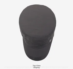 Top view of dark grey breathable mesh cadet hat with quick-dry fabric and metal detail