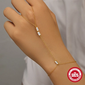 S925 Sterling Silver Gold Hand Harness Bracelet with Three Rectangular Zirconia Stones