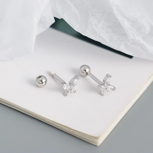 Detailed close-up of S925 silver butterfly ear studs with sparkling cubic zirconia stones