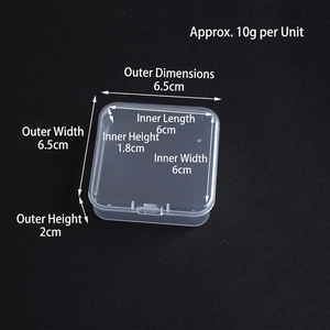Compact square transparent plastic storage box measuring 6.5x6.5x2cm for jewelry and DIY