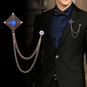 Vintage Alloy Square Gemstone Brooch With Tassel Chain Retro Palace Hollow Pattern Rhinestone Lapel Pin Men Suit Accessories