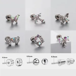 Titanium Stainless Steel Butterfly Cross Bow Cartilage Stud Earrings Zircon AB Rainbow Screw Back Piercing Women
