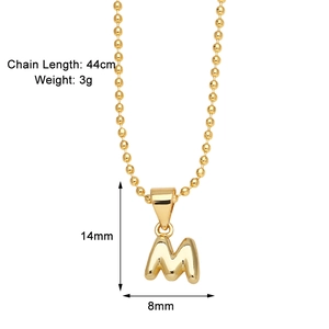 Detailed size specifications for 14mm gold-plated letter M pendant with bead chain