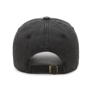 Back view of vintage washed black cotton baseball cap with adjustable metal buckle strap