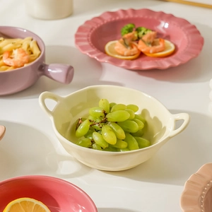 Cute ceramic bowl set with handles and floral edge plate in beige and pink tones