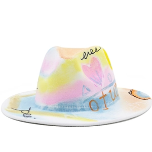 Hand Painted Graffiti Fedora Hat Cotton Polyester Felt Wide Brim Artistic Streetwear Jazz Cap For Men Women