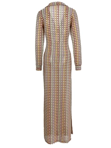 Detailed back view of a rainbow striped crochet maxi dress with a deep V-neck and wave pattern