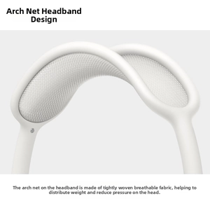 Vue détaillée du bandeau en maille respirante sur ce casque audio blanc cassé