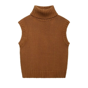 Women Knit Sweater Vest Polyester Turtleneck Sleeveless Chunky Ribbed Loose Casual Autumn Winter Caramel