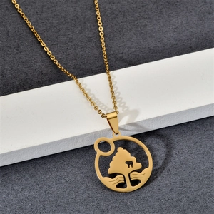 Detail view of a gold stainless steel round necklace featuring a tree and wave hollow design