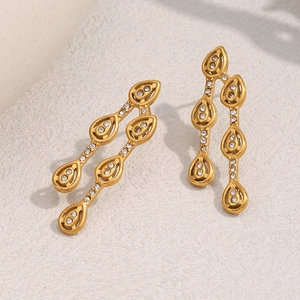 Detailed close-up of 18K gold teardrop earrings with sparkling embedded zircon stones