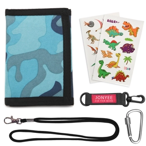 Blue camo tri-fold wallet for kids with dinosaur stickers and black neck lanyard