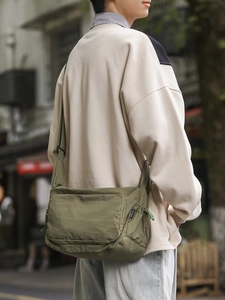 Army green nylon messenger bag for men, waterproof multi-pocket casual crossbody bag