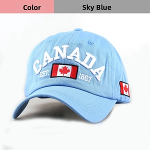 Close-up of the sky blue cotton baseball cap featuring embroidered Canada flag and logo