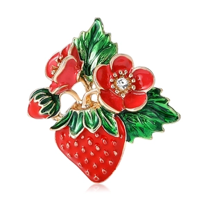 Chic alloy strawberry enamel brooch with vibrant red fruits and sparkling rhinestone accents