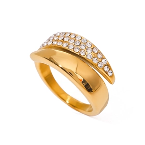 Elegant gold-plated stainless steel ring with multi-row white zircon micro-pave setting