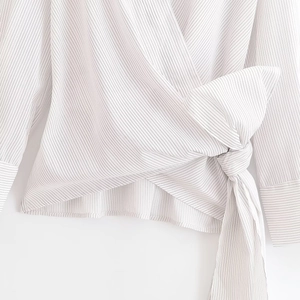 French style striped long sleeve wrap blouse with side bow tie and elegant V-neck design