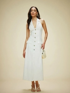 White sleeveless halter neck vest dress with a deep V-neck and button-up front design