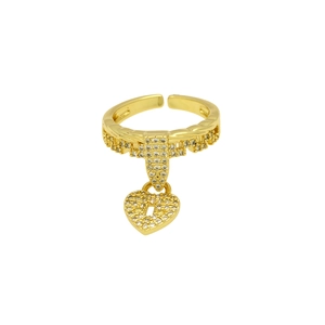 Close-up of golden open ring featuring a sparkling zircon-paved heart lock pendant