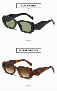 Detail view of square frame sunglasses in black and leopard print with thick temples