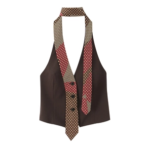 Halter Neck Vest Top For Women Geometric Diamond Print Tie Decor Brown Sleeveless Slim Sexy Streetwear