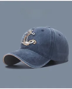 Detail of faded washed cotton baseball cap featuring nautical anchor embroidery in four colors