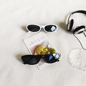 Detail of vintage oval sunglasses in black and white frames with dark UV lenses