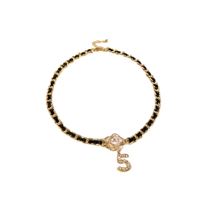Elegant black leather woven necklace with white camellia and rhinestone number 5 pendant