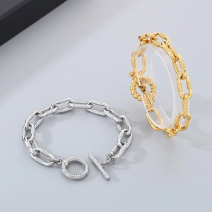 Industrial style 10mm textured chain bracelet with OT buckle in gold and silver steel
