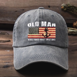 Vintage washed charcoal baseball cap featuring Old Man American flag and anchor design