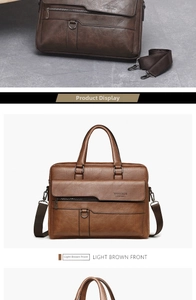 Detailed view of light brown leather briefcase with litchi texture and front zipper