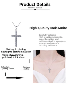 Detailed view of Moissanite cross pendant with premium multi-layer rhodium plating finish